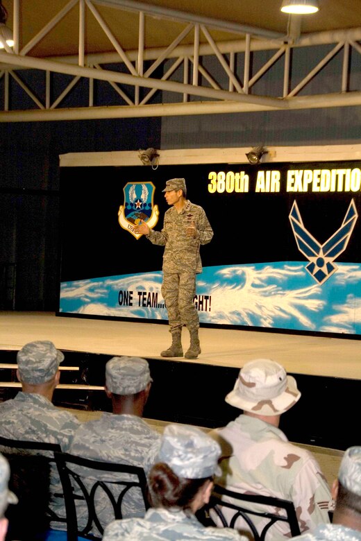SOUTHWEST ASIA -- Chief of Staff of the Air Force Gen. Norton Schwartz speaks to the 380th Air Expeditionary Wing here Oct. 22. General Schwartz visited the 380th Air Expeditionary Wing to gain a better understanding of the infrastructure and capabilities of one the smaller but most diverse bases in the Area of Responsibility. (U.S. Air Force photo/Staff Sgt. Clayton Allen)(released)