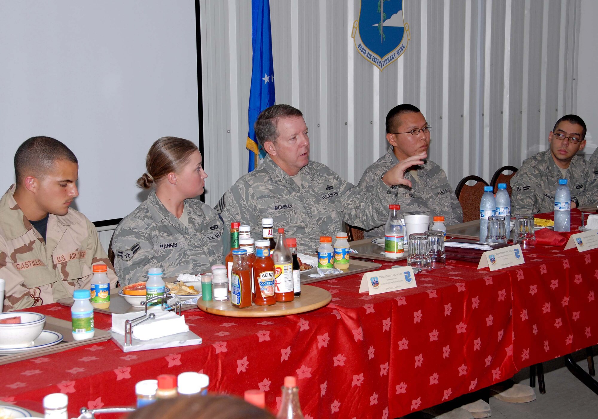 SOUTHWEST ASIA -- Chief Master Sgt. of the Air Force Rodney J. McKinley discusses a variety of topics at a breakfast with 380th Air Expeditionary Wing Airmen here Oct. 22. (U.S. Air Force photo by Tech. Sgt. Denise Johnson/released)