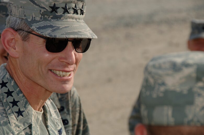 SOUTHWEST ASIA -- Chief of Staff of the Air Force Gen. Norton Schwartz speaks to the 380th Air Expeditionary Wing here Oct. 22. General Schwartz visited the 380th Air Expeditionary Wing to gain a better understanding of the infrastructure and capabilities of one the smaller but most diverse bases in the Area of Responsibility. (U.S. Air Force photo/Tech. Sgt. Christopher A. Campbell)(released)