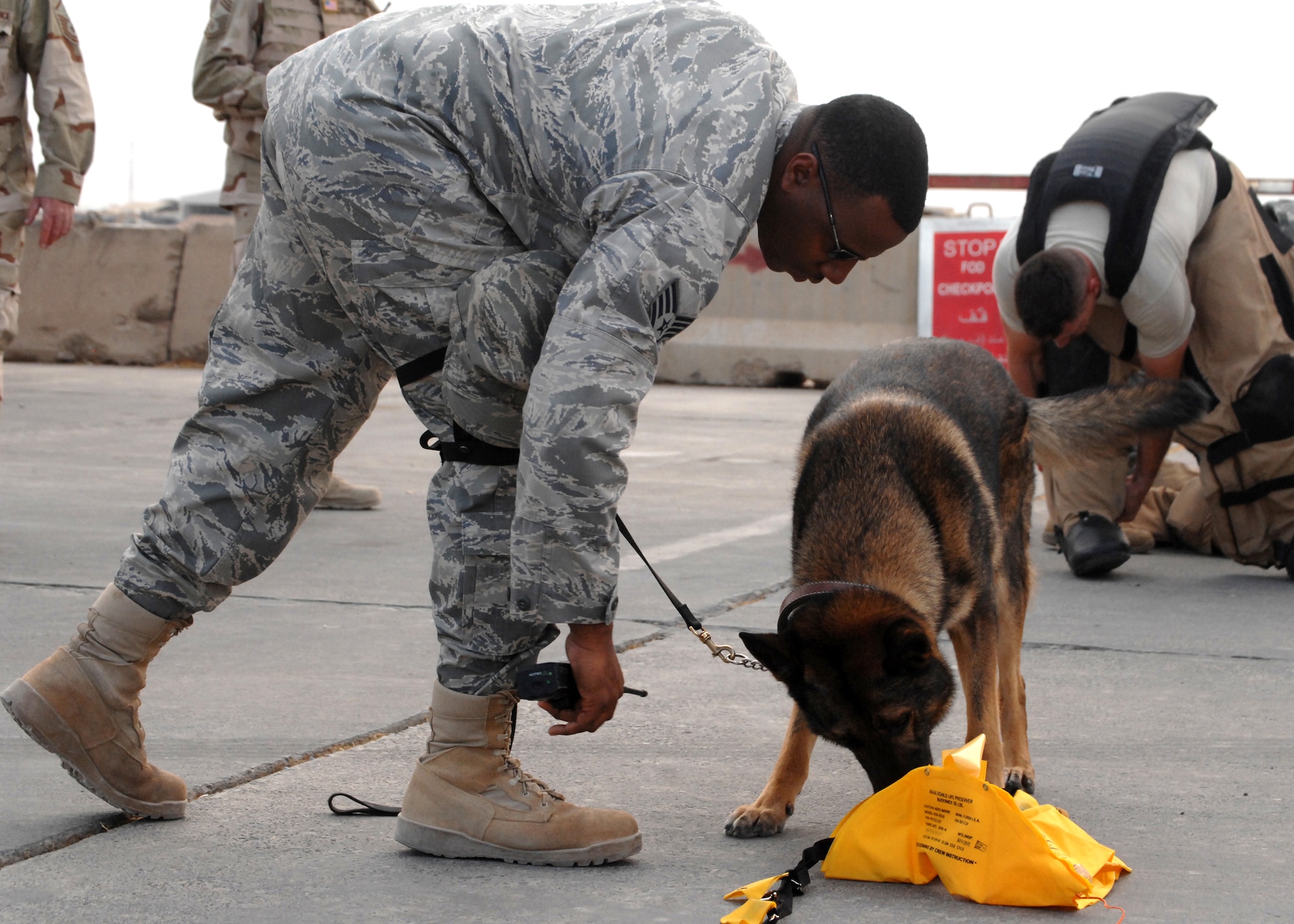 Staff Sgt. Gregory Mobley presents a small explosive charge in a life vest to Military Working Dog Charlie at Kirkuk Regional Air Base, Iraq, Oct. 21.  Charlie alerted to the package when it was on the taxiway because of the charge.  Sergeant Mobley and Charlie are both from the 506th Expeditionary Security Forces Squadron K-9 section.  Sergeant Mobley is deployed from Langley Air Force Base, Va., and calls Decatur, Ga., home.  Charlie is an eight-year old German Sheppard on his 15th deployment to the Area of Responsibility. (U.S. Air Force photo/Senior Airman Randi Flaugh) 