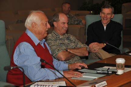 Mr. Tommy Lasorda, National Baseball Hall of Famer and vice president of Dodgers Baseball Team, talks about leadership with senior officials from U. S. Strategic Command during the Component Commanders Conference. The two-day conference provides a forum for the USSTRATCOM commander, Gen. Kevin Chilton, the senior staff and component commanders to discuss mission-related issues and other important topics. Lasorda is recognized not only as a famous baseball coach, but also a motivational speaker (Photo by Steve Cunningham).