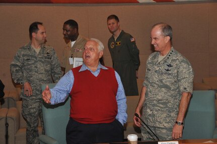 Mr. Tommy Lasorda, National Baseball Hall of Famer and vice president of Dodgers Baseball Team, talks about leadership with senior officials from U. S. Strategic Command during the Component Commanders Conference. The two-day conference provides a forum for the USSTRATCOM commander, Gen. Kevin Chilton, the senior staff and component commanders to discuss mission-related issues and other important topics. Lasorda is recognized not only as a famous baseball coach, but also a motivational speaker (Photo by Steve Cunningham).