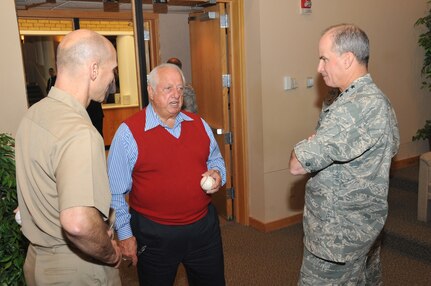 Mr. Tommy Lasorda, National Baseball Hall of Famer and vice president of Dodgers Baseball Team, talks about leadership with senior officials from U. S. Strategic Command during the Component Commanders Conference. The two-day conference provides a forum for the USSTRATCOM commander, Gen. Kevin Chilton, the senior staff and component commanders to discuss mission-related issues and other important topics. Lasorda is recognized not only as a famous baseball coach, but also a motivational speaker (Photo by Steve Cunningham).