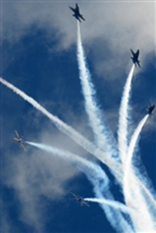 The U.S. Navy Blue Angels perform an aerial maneuver at the 2008 Airpower Arkansas Air Show at Little Rock Air Force Base on Oct. 18, 2008.  The air show showcased approximately 16 acts displaying both military and civilian aerial skills.  