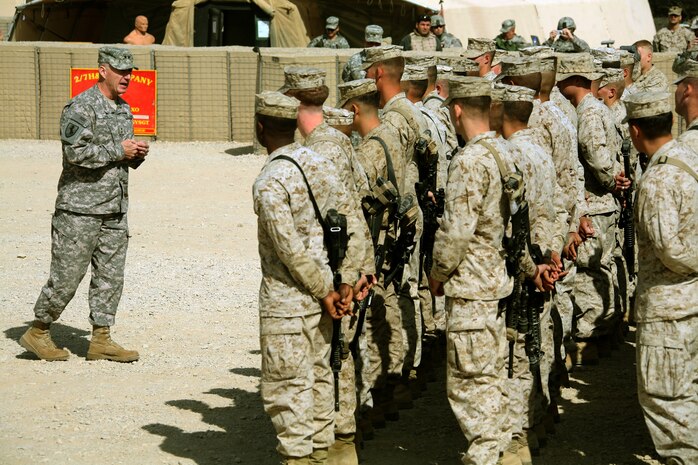 Maj. Gen. Robert W. Cone, commanding general, Combined Security Transition Command –Afghanistan, visited the Marines and sailors of Task Force 2d Battalion, 7th Marine Regiment, Special Purpose Marine Air Ground Task Force – Afghanistan, Oct. 25.