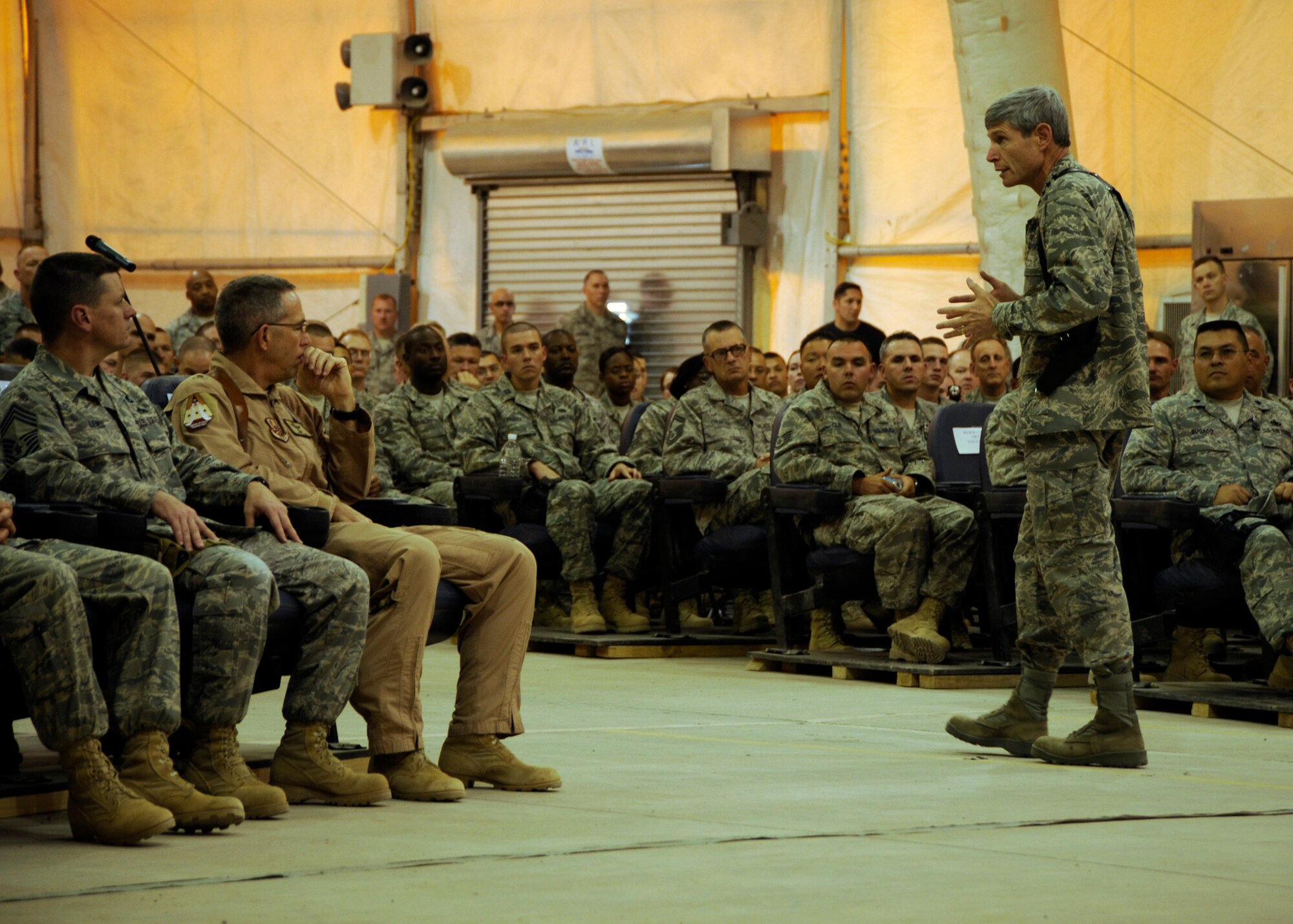 Air Force Chief of Staff Gen. Norton Schwartz speaks to Airmen from the 447th Air Expeditionary Group at Sather Air Base, Iraq on Oct. 24. This is the CSAF's first trip to Iraq since assuming his current position as the Air Force chief of staff. (U.S. Air Force photo/Staff Sgt. Paul Villanueva II)