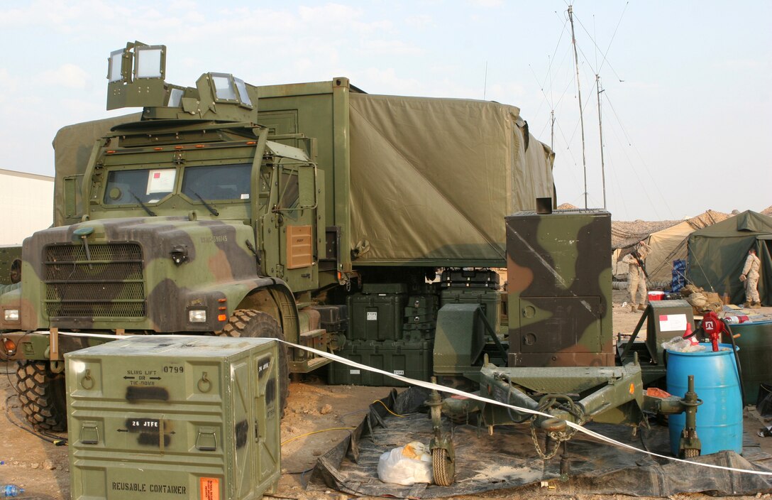 A generator powers the 26th Marine Expeditionary Unit's Joint Task Force Enabler, assembled for operations in conjunction with the Command Operations Center, Oct. 27, 2008, in the Middle East.  The 26th MEU was conducting bilateral training exercises there.