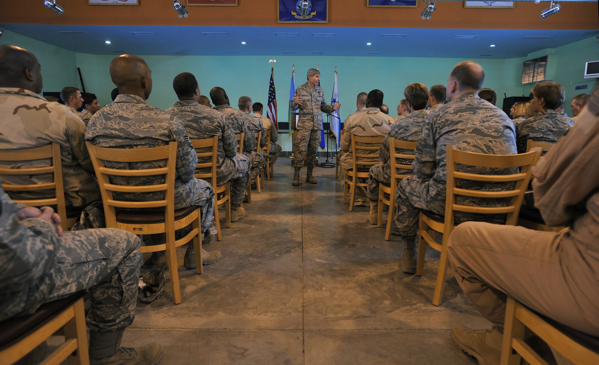 Air Force Chief of Staff Gen. Norton Schwartz speaks to Airmen assigned to the Combined Joint Task Force-Horn of Africa, during an Airman's call at Camp Lemonier, Djibouti, Oct. 23. General Schwartz used the event to answer questions regarding the future of the Air Force and thank them for their efforts in the war on terrorism. The visit marked General Schwartz's first trip to the Horn of Africa since his appointment as the Air Force chief of staff. (U.S. Air Force photo/Master Sgt. Stan Parker)