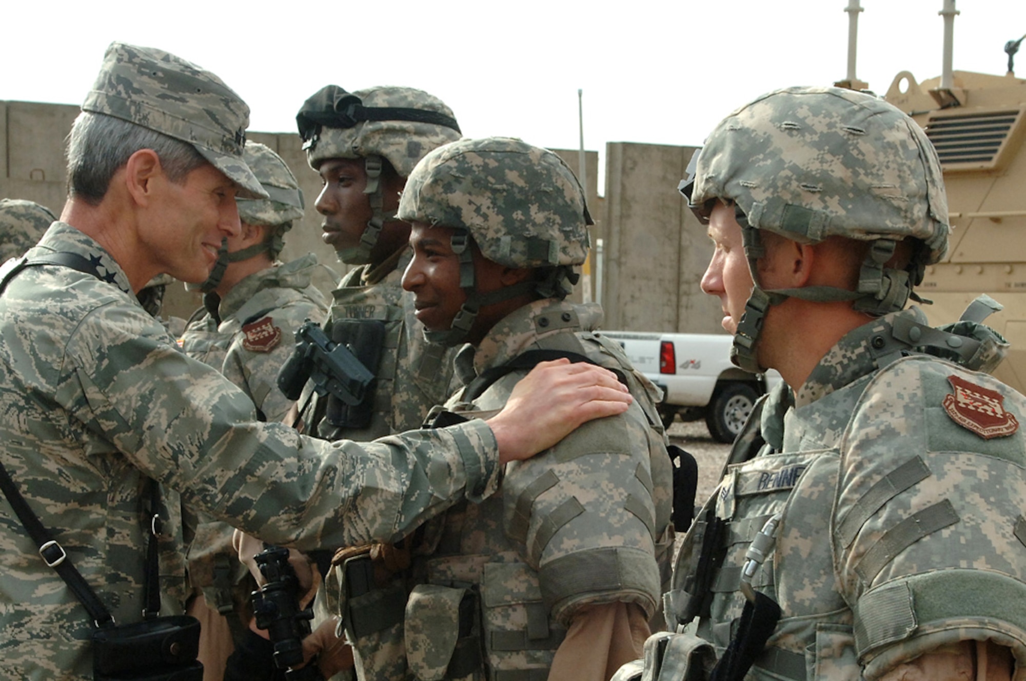 Air Force Chief of Staff Gen. Norton Schwartz visits Airmen assigned to the 532nd Expeditionary Security Forces Squadron quick response force during a tour of Joint Base Balad, Iraq, Oct. 25. The QRF are first responders to off-base security situations. (U.S. Air Force photo/Tech. Sgt. Richard Lisum)
