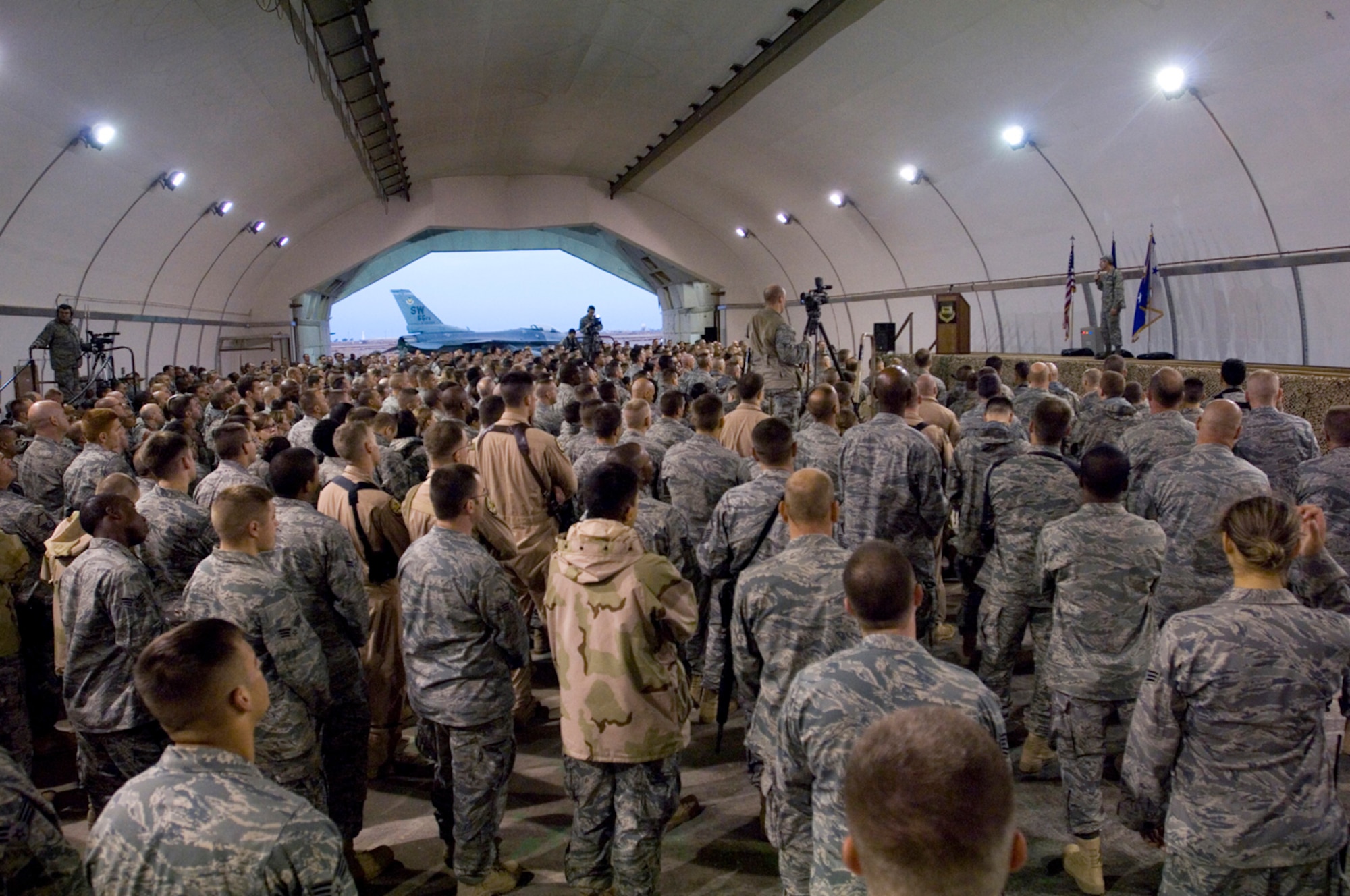 Air Force Chief of Staff Gen. Norton Schwartz addresses more than 1,500 Tuskegee Airmen in an aircraft shelter at Joint Base Balad, Iraq, Oct. 25. General Schwartz conducted the Airmen's Call with 332nd Expeditionary Wing Airmen during his first trip to the U.S. Central Command area of responsibility and the Horn of Africa since assuming his position. (U.S. Air Force Photo/Tech. Sgt. Erik Gudmundson)