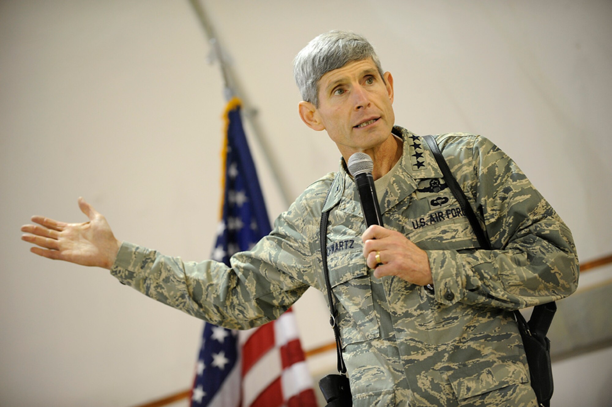 Air Force Chief of Staff Gen. Norton Schwartz speaks during an Airman's Call at Joint Base Balad, Iraq, Oct. 25. General Schwartz visited eight installations in the U.S. Central Command area of responsibility and the Horn of Africa with Chief Master Sgt. of the Air Force Rodney McKinley. (U.S. Air Force photo/Airman 1st Class Jason Epley)
