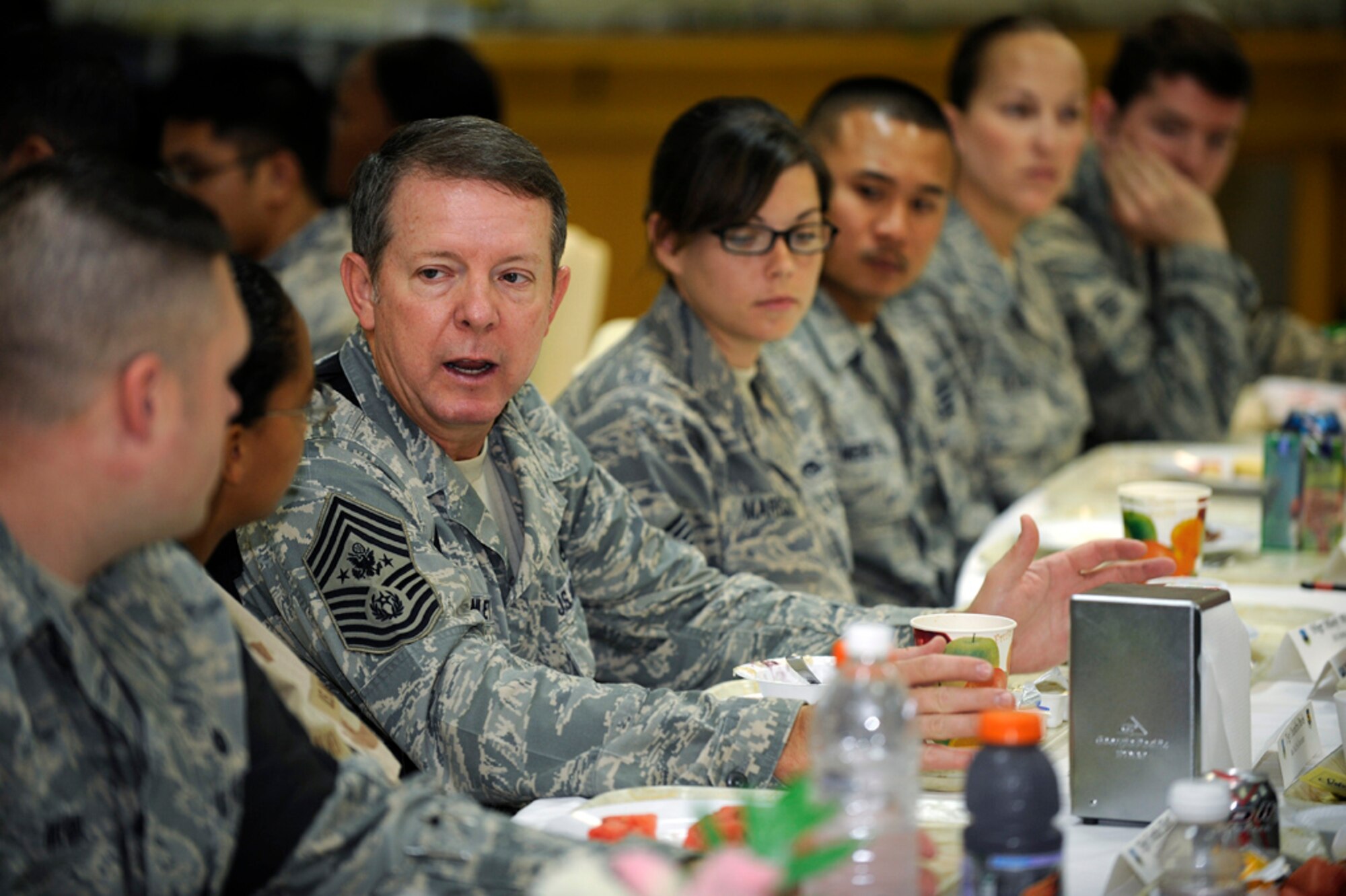 Chief Master Sgt. of the Air Force Rodney McKinley meets with servicemembers during breakfast at Joint Base Balad, Iraq, Oct. 25. Chief McKinley and Air Force Chief of Staff Gen. Norton Schwartz visited eight installations in the U.S. Central Command area of responsibility and the Horn of Africa. (U.S. Air Force/photo Airman 1st Class Jason Epley)