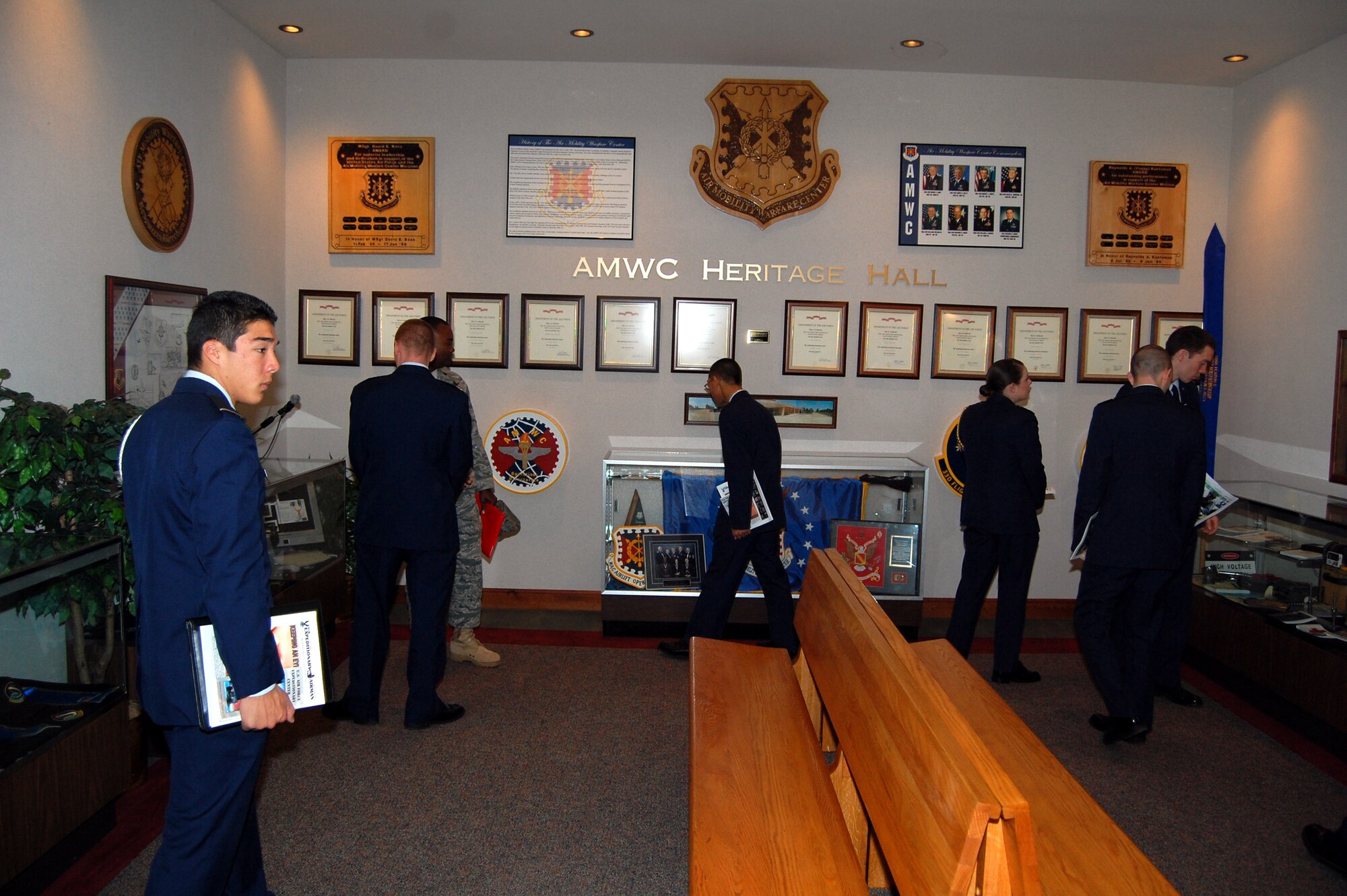 Cadets from Air Force ROTC Detachment 485 of Rutgers University look through the Heritage Hall area of the U.S. Air Force Expeditionary Center Oct. 23, 2008, on Fort Dix, N.J..  The cadets came to the center as part of an opportunity to learn about the center's mission and training. The tour was hosted by the USAF EC Public Affairs Office.  (U.S. Air Force Photo/Tech. Sgt. Scott T. Sturkol)