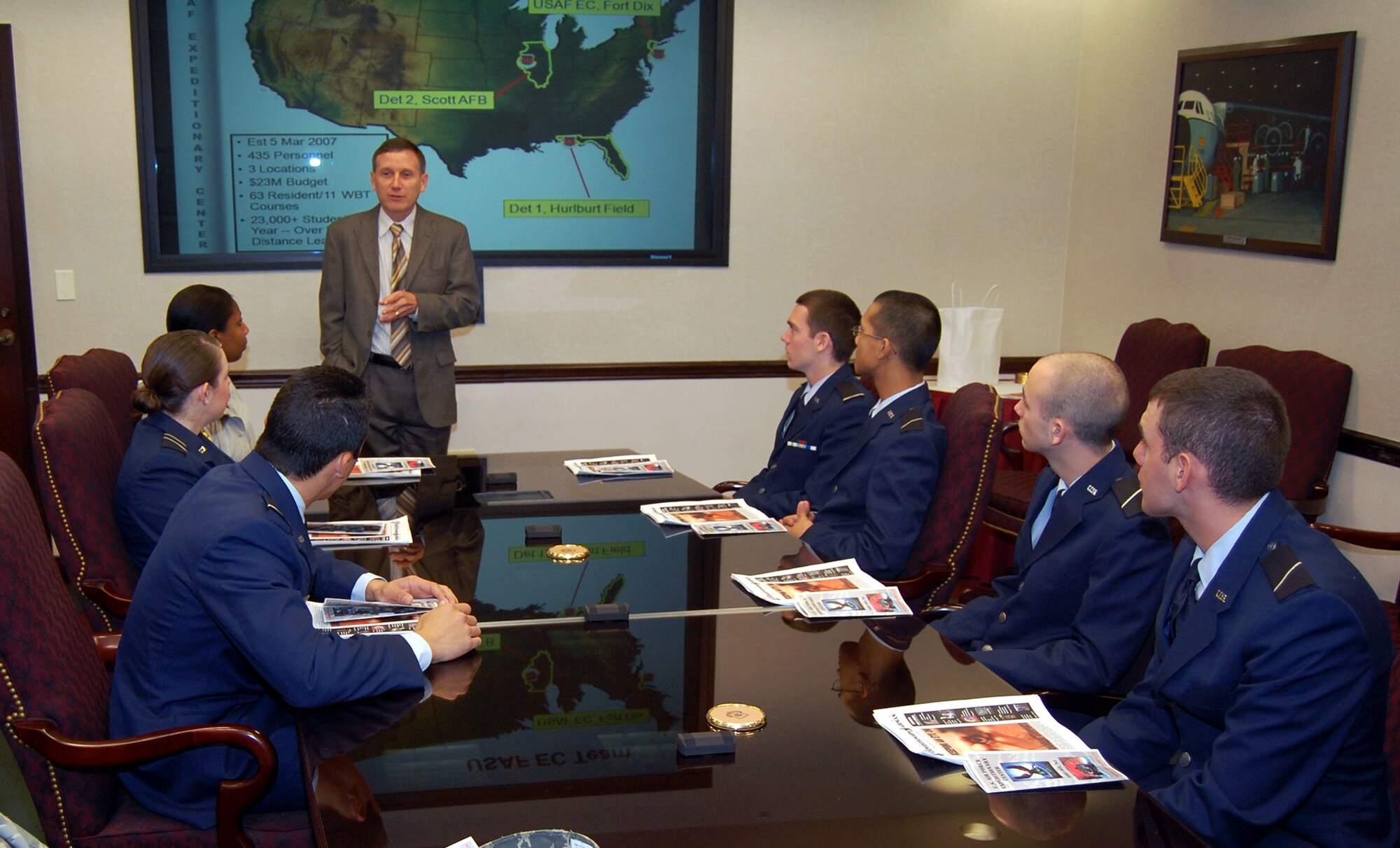 Mr. Rudy Becker, director of the U.S. Air Force Expeditionary Center's Mobility Operations School and a former commander of a Reserve Officer Training Corps (ROTC) detachment, speaks with cadets from Air Force ROTC Detachment 485 of Rutgers University Oct. 23, 2008, while the cadets were visiting the center.  The cadets came to the center as part of an opportunity to learn about the center's mission and training and the tour was hosted by the USAF EC Public Affairs Office.  (U.S. Air Force Photo/Tech. Sgt. Scott T. Sturkol)