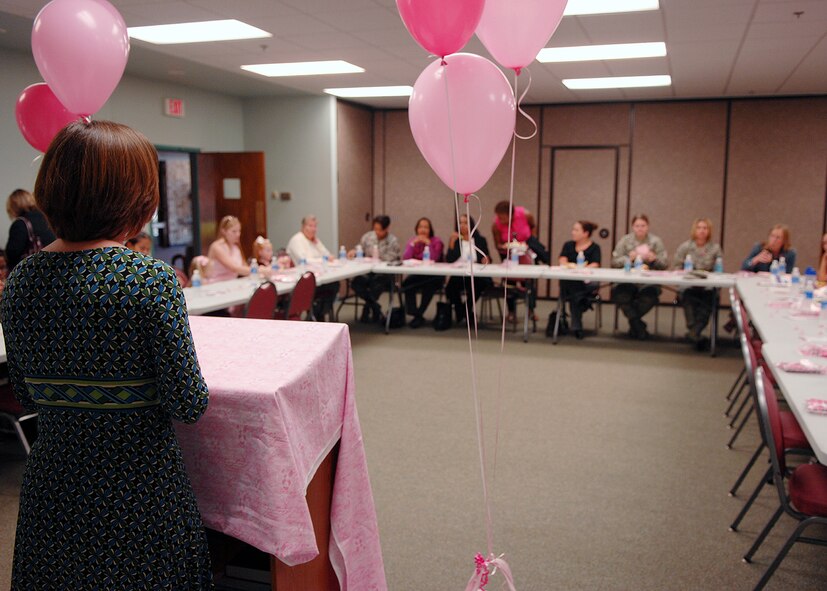 MOODY AIR FORCE BASE, Ga. – Ashley Braswell, American Cancer Society and Lowndes County Community Manager, discusses breast cancer awareness and prevention Oct. 22 here. Mrs. Braswell has worked with the ACS for six years. (U.S. Air Force photo by Airman Joshua Green)