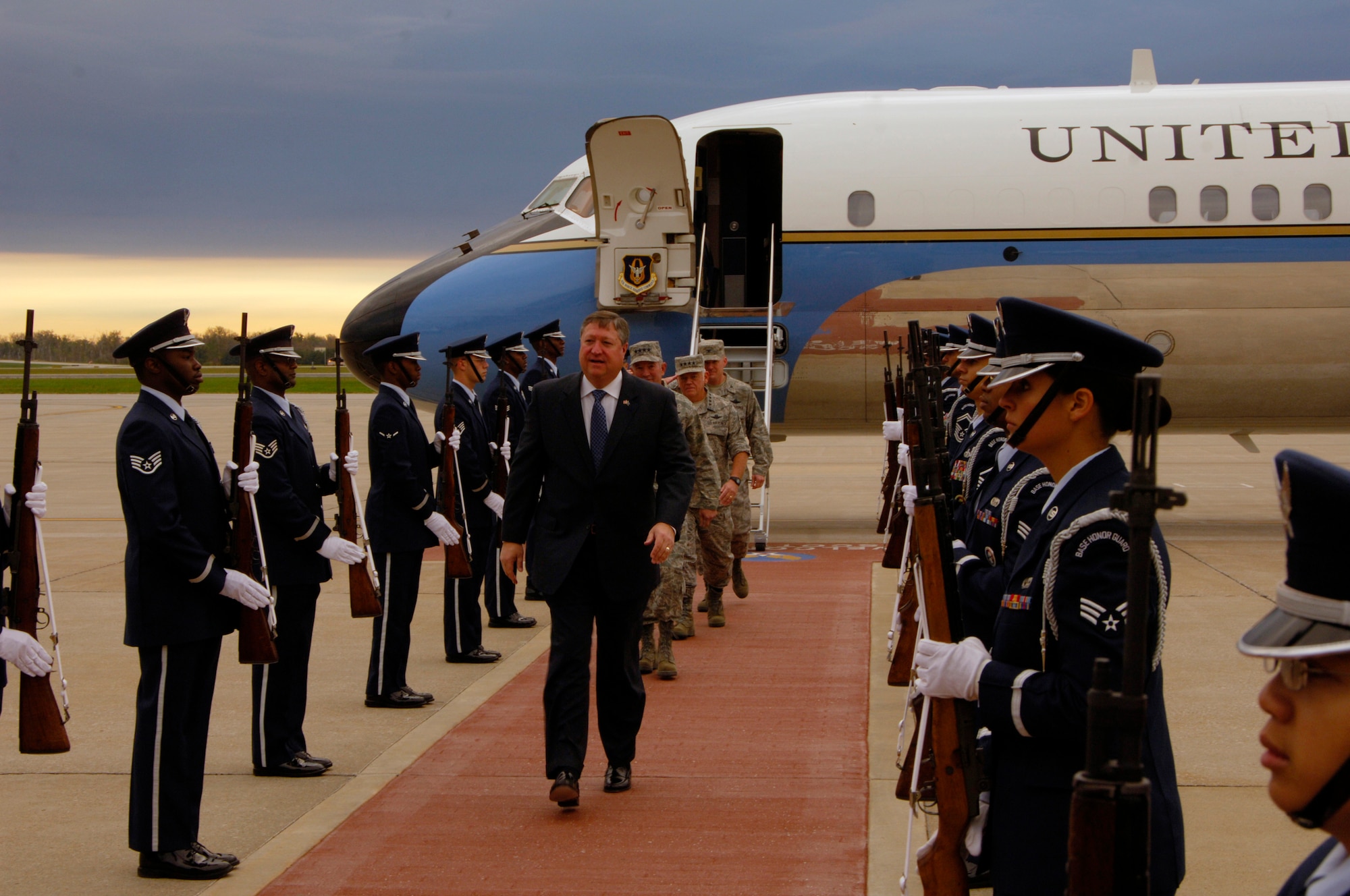 Secretary of the Air Force Michael B. Donley arrives at Scott Air Force Base Oct. 23, 2008.  During his visit to Scott AFB, Secretary Donley spoke to Air Mobility Command officer and enlisted leaders during AMC Phoenix Rally.  The Fall Rally is a three-day, focused look at the command?s priorities, roles and missions. (U.S. Air Force photo by Airman 1st Class Wesley Farnsworth)