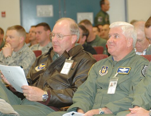 Lt. Gen. Craig McKinley, Air National Guard director, (left) and Maj. Gen. Allan Poulin, Air Force Reserve Command vice commander, listen to Weapons and Tactics Conference working group chairmen brief their recommendations for tactical development and modernization in the Air Reserve Component (ARC), Oct. 24. The annual conference held at the 162nd Fighter Wing in Tucson, Ariz., gives warfighters the opportunity to tell senior leaders what they need to improve their weapon systems. (Air National Guard photo by Capt. Gabe Johnson)