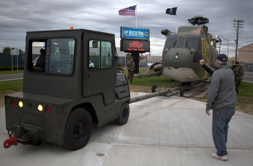 F.S. Gabreski Airport, Westhampton Beach, N.Y. ? 

Members of the 106th Rescue Wing move the recently restored HH-3E Jolly Green Giant onto its permanent place of display at the front entrance to the base on October 25, 2008. The move was a coordinated effort by many different people on base who came out on a cloudy Saturday morning to put the aircraft in place. The final piece of the display, the rotor blades, will be put place on Monday.

(Official NYANG photo by Staff Sgt. David J. Murphy)