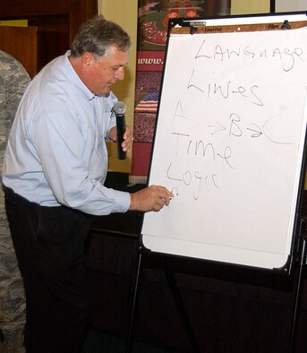 Dr. Richard Coberg explains the importance of the diffenrces of the two hemispheres of the brain during the public service seminar held at the Palm Tree Golf Course Conference Room Oct. 23. This installment of the series was titled ?Motivating yourself and your employees on Andersen.? (U.S. Air force photo by Airman 1st Class Carissa Wolff)                            
