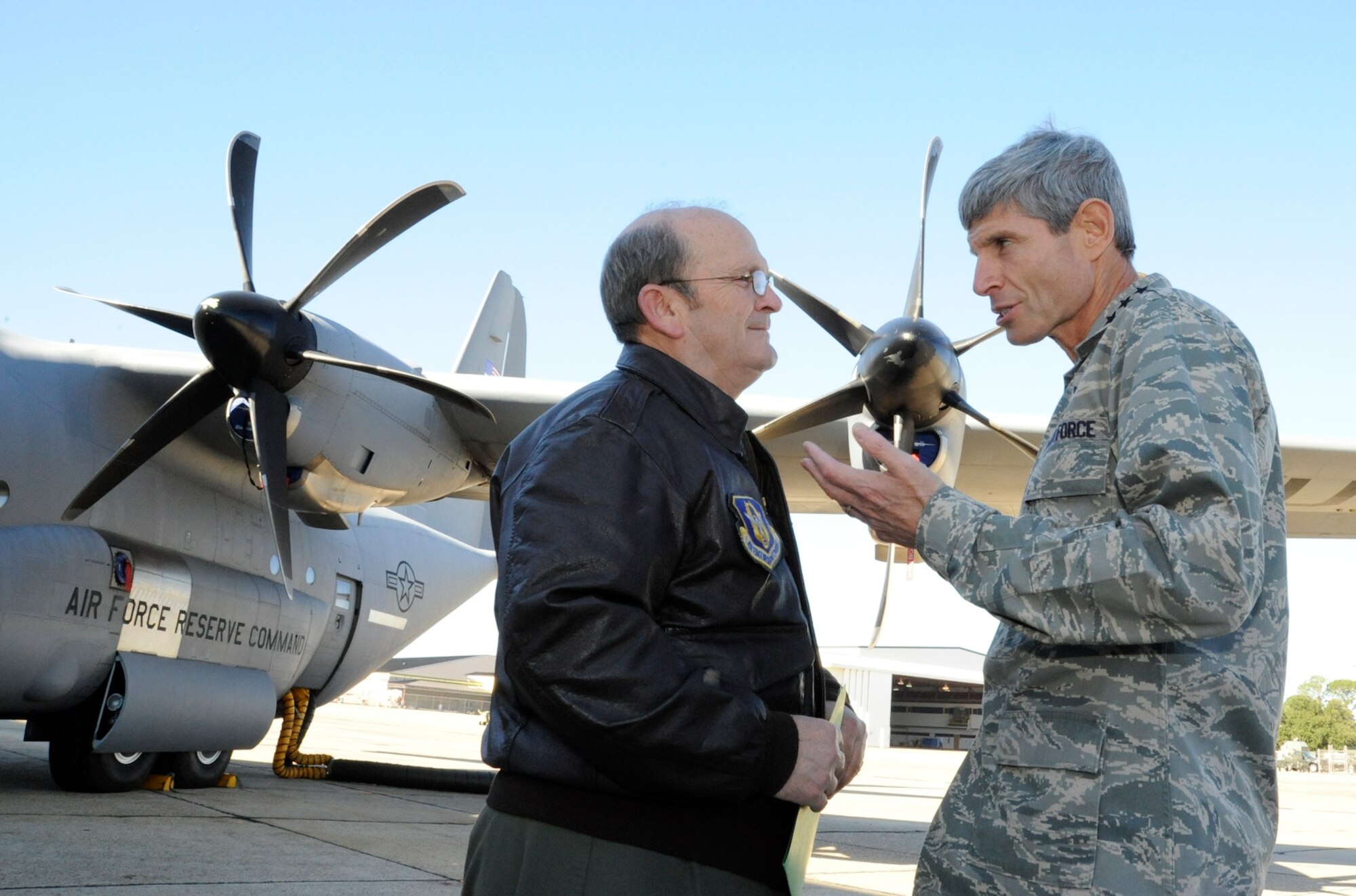 Air Force Chief of Staff Gen. Norton A. Schwartz discusses the C-130J  with Brig. Gen. Rich Moss, commander, 403rd Wing, Keesler Air Force Base, Miss., October 28.

The J-model is flown by the 53rd Weather Reconnaissance Squadron "Hurricane Hunters" and the 815th Airlift Squadron "Flying Jennies."

General Schwartz, a C-130 pilot, was quite impressed with the most technologically advanced C-130 in the world, the J-model.

General Schwartz is visiting Mississippi  to speak at the 30th annual Salute to the Military, an event honoring the Airmen and Citizen Airmen of the Gulf Coast region. 

(U.S. Air Force Photo by Major Chad E. Gibson)