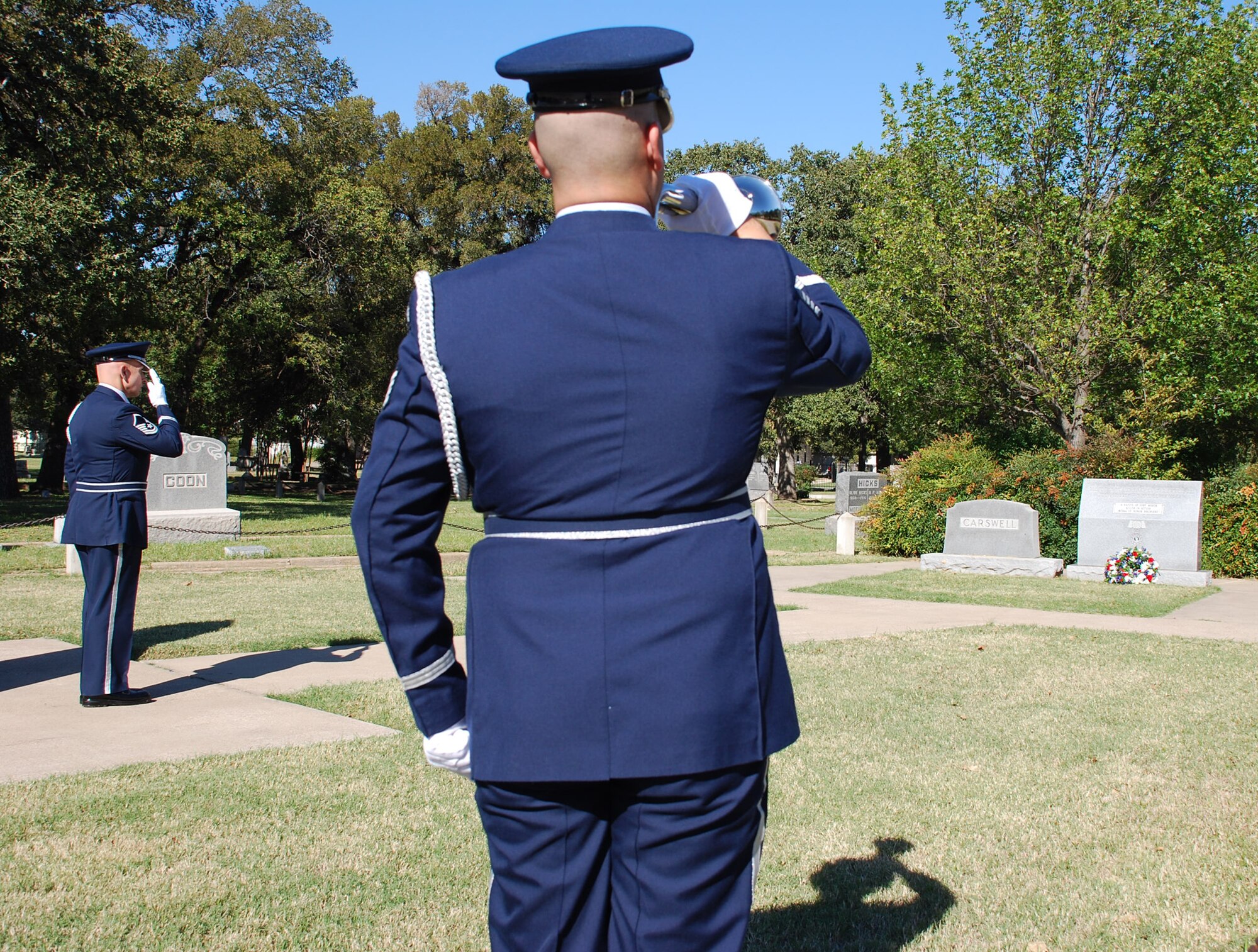 On October 26, two members of the 301st Honor Guard prepared to honor a fallen hero and medal of honor recipient, Major Horace Carswell at Oakwood Cemetery in Fort Worth, Texas. (U.S. Air Force Photo/Tech. Sgt. Julie Briden-Garcia)