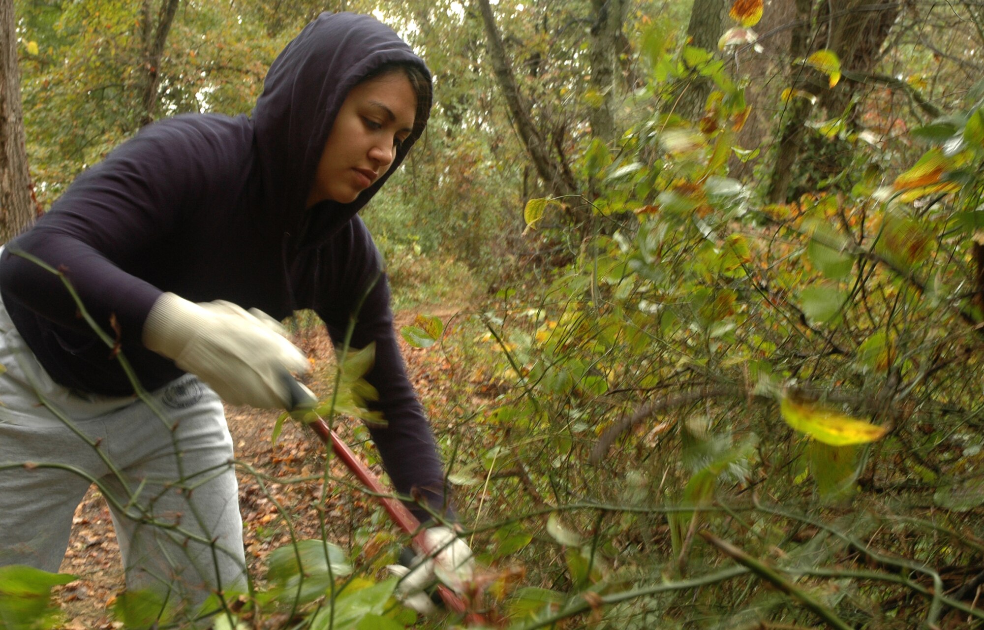 Airman 1st Class Lorena Montoya, 11th Mission Support Squadron, prunes shrubs and other invasive plants along a walking trail Oct. 25 at Kenilworth Aquatic Garden in Washington.  Airman Montoya was one of 176 servicemembers who volunteered at KAQ as part of a joint service project for national “Make a Difference Day.”
