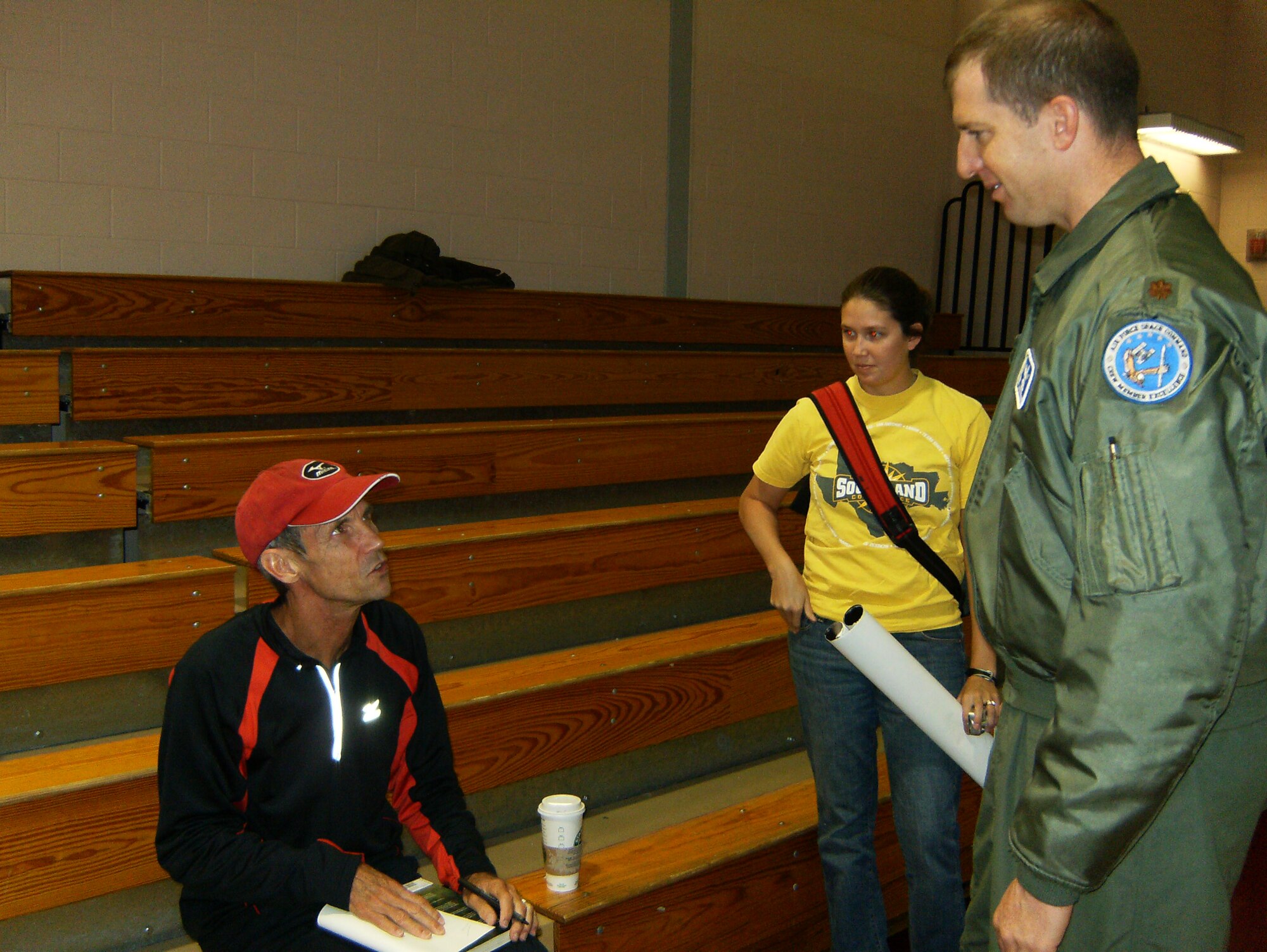 Olympian and running guru Jeff Galloway chats with fans after his running clinic at the Peterson Sports and Fitness Center, Oct. 22. Mr. Galloway visited Peterson to share running, walking and general fitness tips with members of Team Pete. (Air Force photo/ Corey Dahl)