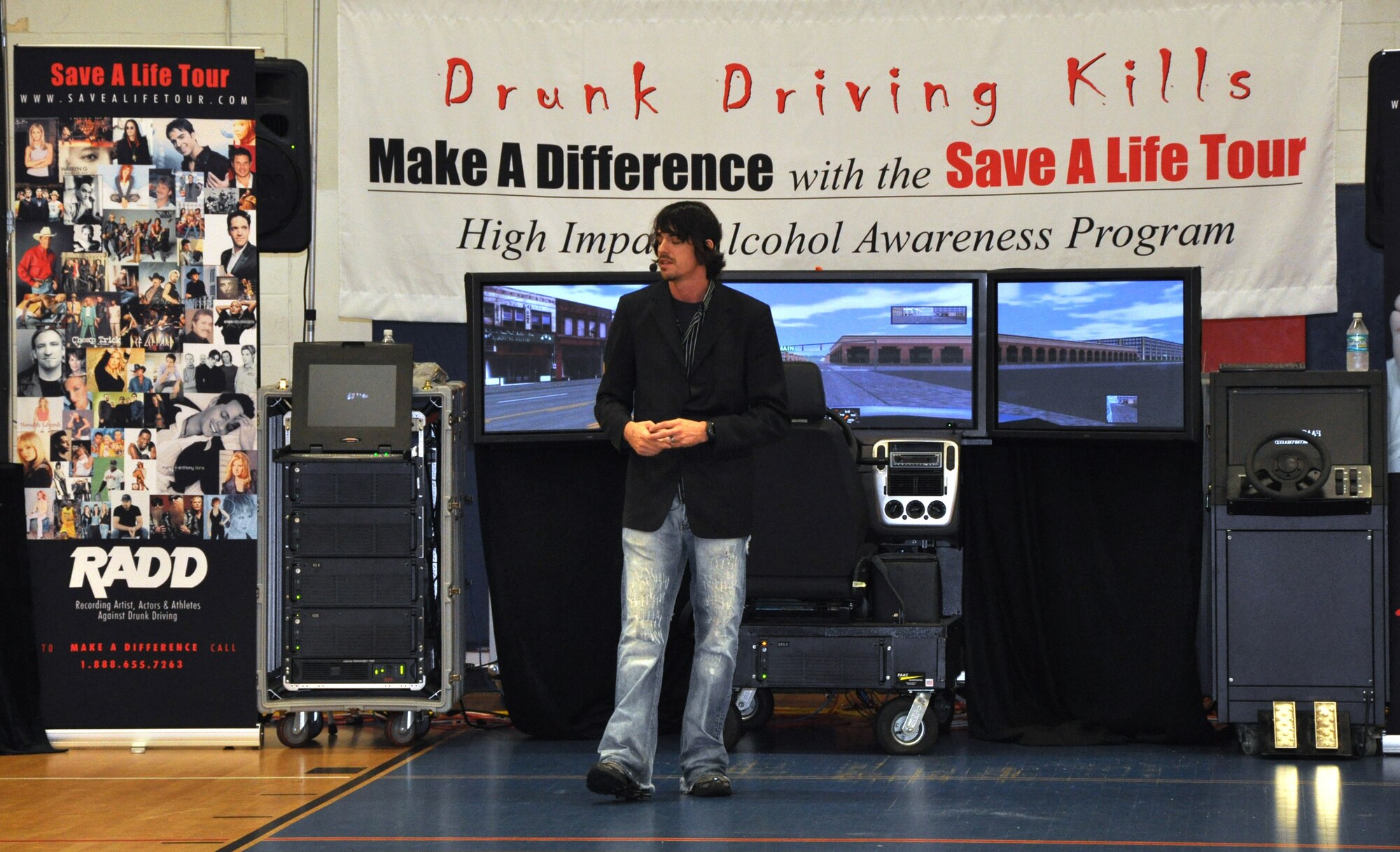 EGLIN AIR FORCE BASE, Fla. -- Eglin was introduced to the latest way of educating Airmen on the effects of driving under the influence during the nationwide "Save a Life Tour," hosetd Oct. 24 in the Eglin Fitness Center. The event featured the state-of-the-art drunk driving simulator, which replicates the experience of driving while intoxicated. (US Air Force photo/Airman 1st Class Anthony Jennings)