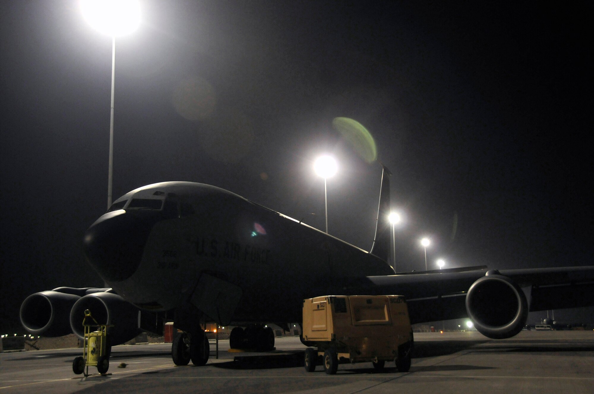 A KC-135 Stratotanker stands ready to fly a war on terrorism mission Oct. 27 at an air base in Southwest Asia. The KC-135 provides aerial refueling support to Air Force, Navy, Marine Corps and allied nation aircraft operating in the Central Command area of responsibility. (U.S. Air Force photo/Staff Sgt. Darnell T. Cannady) 
