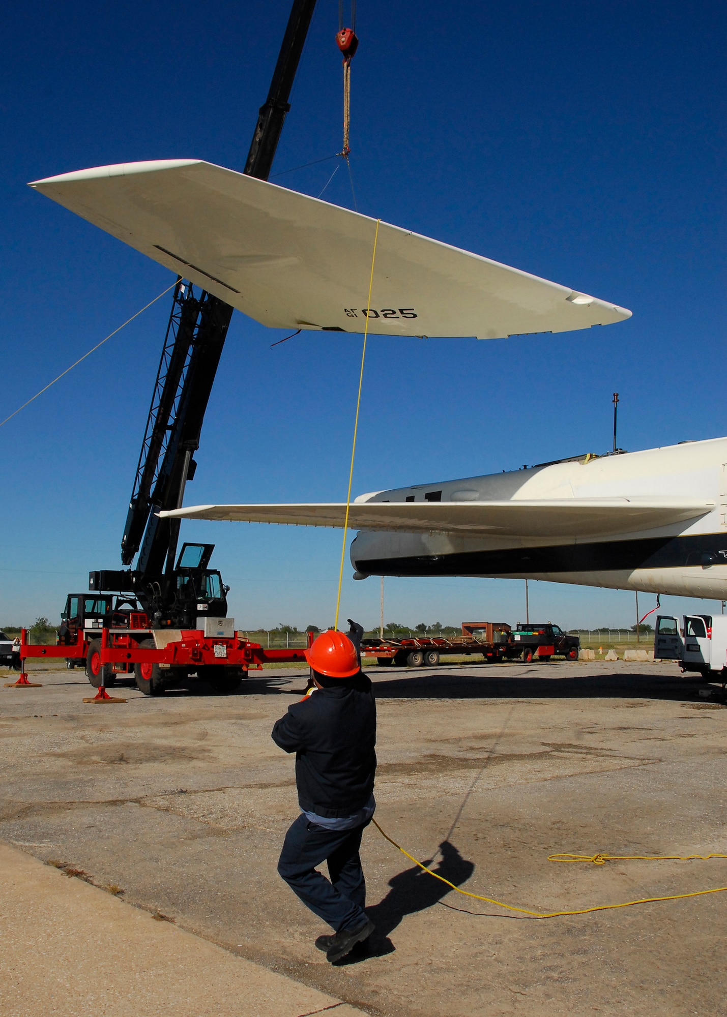 Team Sheppard acquires a new Ground Instructional Trainer Aircraft as the aerial stabilizer is removed from a B-52H Statofortress Long-Range Multi-Role Bomber Oct 16.  The B-52H will be used to teach aircrew functions to aircraft maintenance students at Sheppard Air Force Base. (U.S. Air Force photo/Harry Tonemah)