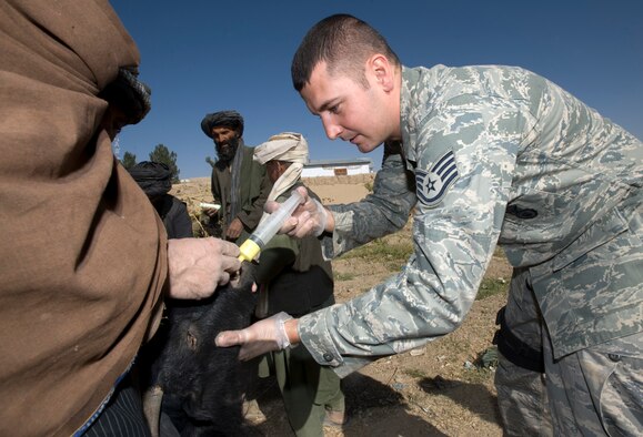 QALAT, Afghanistan -- Air Force Staff Sgt. Don Elias deworms livestock during a veterinary medical outreach conducted by the Zabul Provincial Reconstruction Team. The PRT members offered free deworming and vitamin supplements during the VMO. Sergeant Elias, a native of Buffalo, N.Y.,  is deployed from Wright-Patterson Air Force Base, Ohio. (U.S. Air Force photo/Master Sgt. Keith Brown)