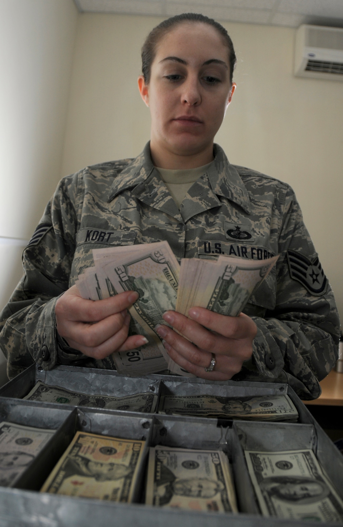 SOUTHWEST ASIA -- Staff Sgt. Shanon Kort from the 380th Air Expeditionary Wing finance office counts cash here. Sergeant Kort works in the finance office which is in charge of all monetary transactions used to continue the global war on terrorism. Sergeant Kortis an Air National guardsman deployed from the 105th Airlift Wing, Newburgh N.Y. Her hometown is Mahopac, N.Y. (U.S. Air Force photo/Tech. Sgt. Christopher A. Campbell)(released)
