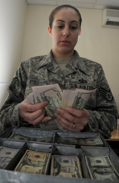 SOUTHWEST ASIA -- Staff Sgt. Shanon Kort from the 380th Air Expeditionary Wing finance office counts cash here. Sergeant Kort works in the finance office which is in charge of all monetary transactions used to continue the global war on terrorism. Sergeant Kortis an Air National guardsman deployed from the 105th Airlift Wing, Newburgh N.Y. Her hometown is Mahopac, N.Y. (U.S. Air Force photo/Tech. Sgt. Christopher A. Campbell)(released)