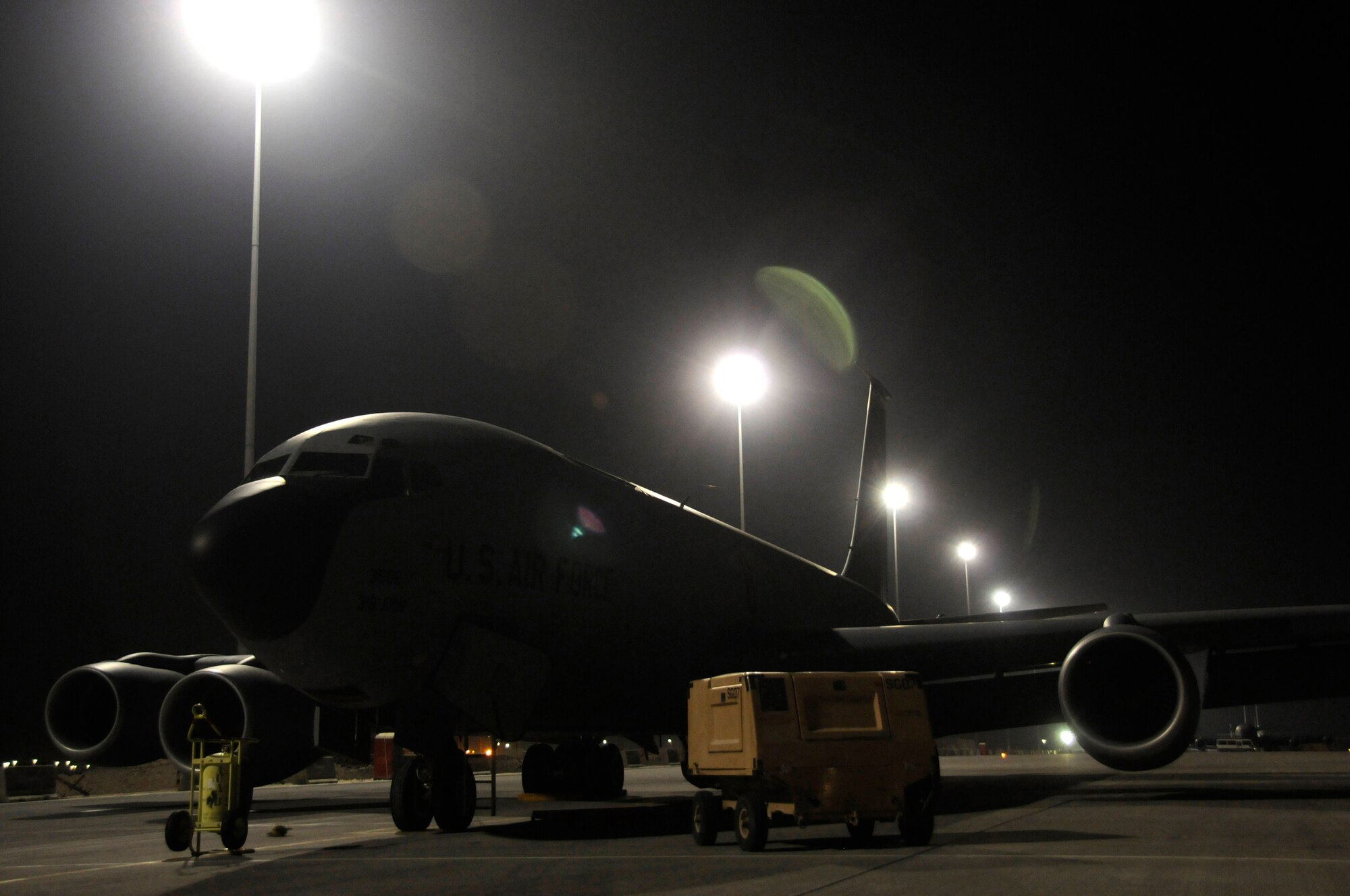 A KC-135 Stratotanker stands ready to serve in the Global War on Terror October 27, at an undisclosed air base in Southwest Asia.  The KC-135 provides the core aerial refueling capability for the United States Air Force and also provides aerial refueling support to Navy, Marine Corps and allied nation aircraft operating in the Central Command area of responsibility.  (U.S. Air Force photo by Staff Sgt. Darnell T. Cannady/Released)