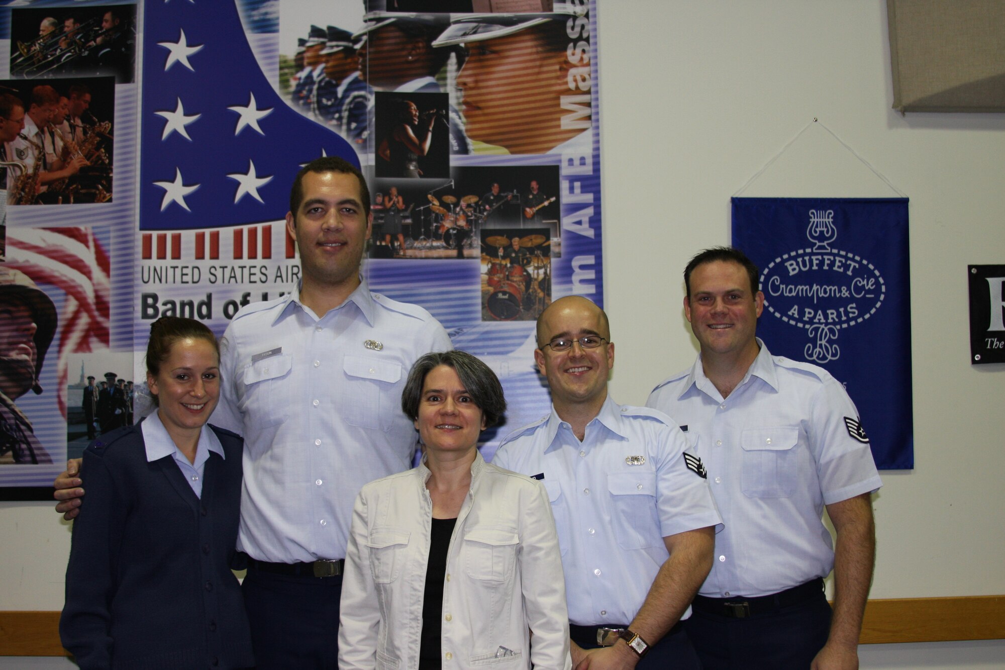 USAF Band of Liberty clarinetists (l to r) SSgt Michele Spinelli, SrA Ian Tyson, SrA Mickey Ireland and SSgt Richard LaCroix with guest clinician Michele Gingras. October 11, 2008.