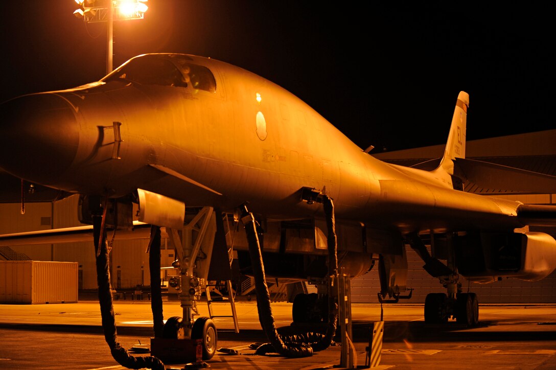 A B-1B Lancer is parked on the flight line here, Oct. 29. The B-1B can rapidly deliver massive quantities of precision and non-precision weapons against any adversary, at anytime or anyplace. (U.S. Air Force photo/Airman Matthew Flynn)
