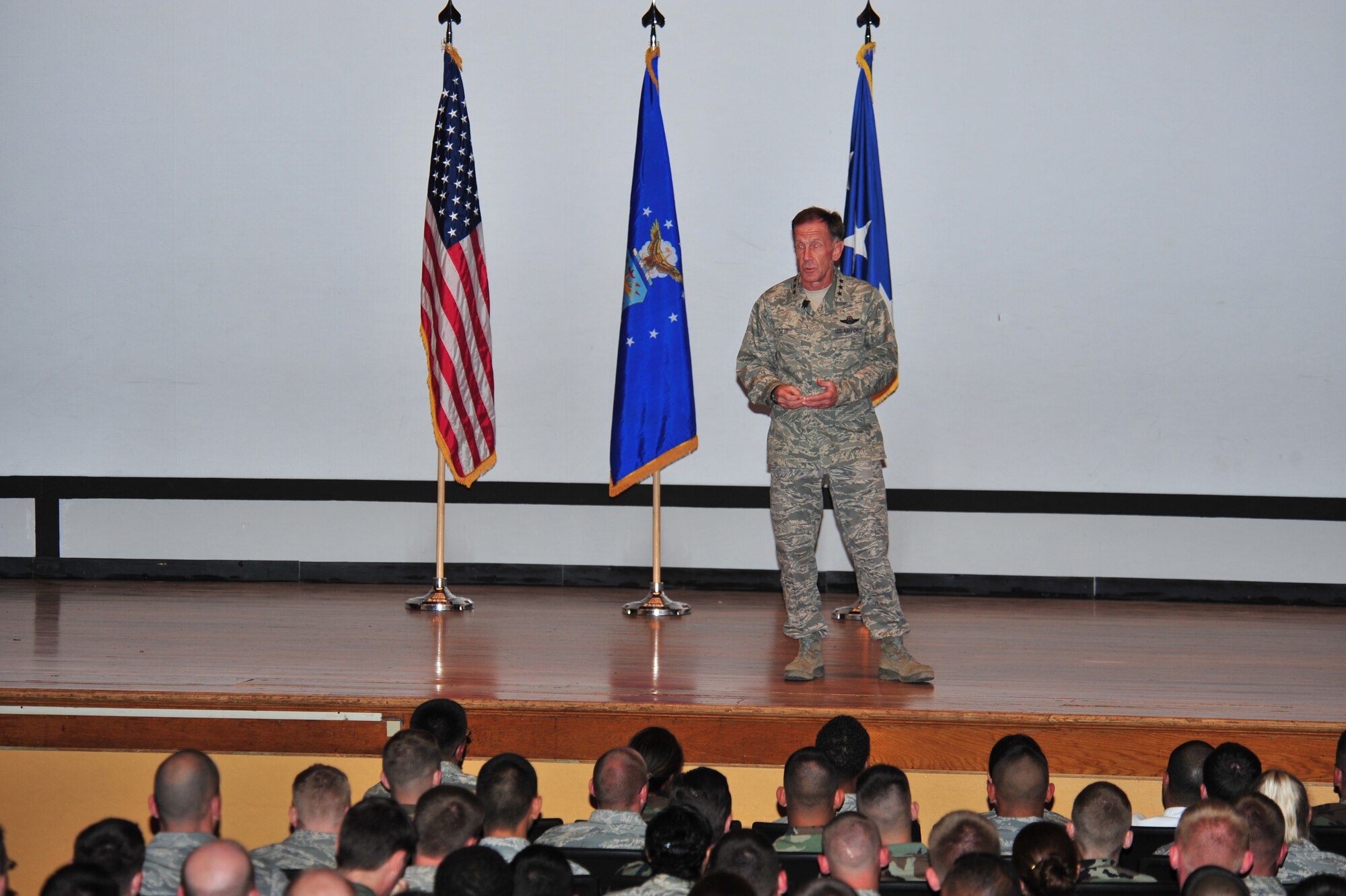 Lieutenant General Norman Seip wrapped up his visit to D-M with an enlisted call for E-6's and below at the base theater. During the E-call, his focus was on the four main priorities of the new Secretary and Chief of Staff of the Air Force. (U.S. Air Force photo/Senior Airman Noah R. Johnson)