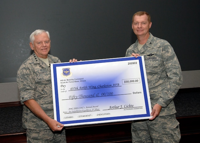 Col. John "Red” Millander accepts a check from Gen. Arthur Lichte during the Air Mobility Command Phoenix Rally Oct. 24 at Scott AFB, Ill. The $50,000 check was presented for Team Charleston placing second in the AMC 2009 Command in Chief's Annual Award for Installation Excellence. Colonel Millander is the 437th Airlift Wing commander and General Lichte is the AMC commander. (U.S. Air Force photo/Tech. Sgt. Michelle Larche)