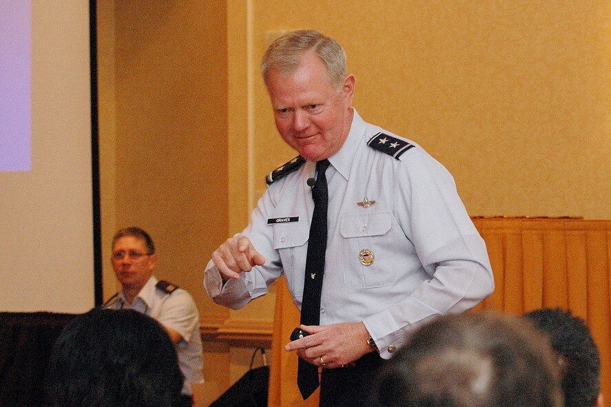 Maj. Gen. James W. Graves, Assistant to the Chairman of the Joint Chiefs of Staff for Reserve Matters, Washington, D.C., talks on the success of diversity through examples in United States History at the 2008 AFRC HRDC Workshop in Atlanta.  (Air Force photo/Master Sgt. Stan Coleman)