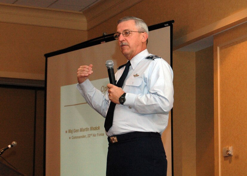 Maj. Gen. Martin Mazick, 22nd Air Force commander, makes opening comments at the 2008 AFRC HRDC Workshop in Atlanta.  (Air Force photo/Master Sgt. Stan Coleman)