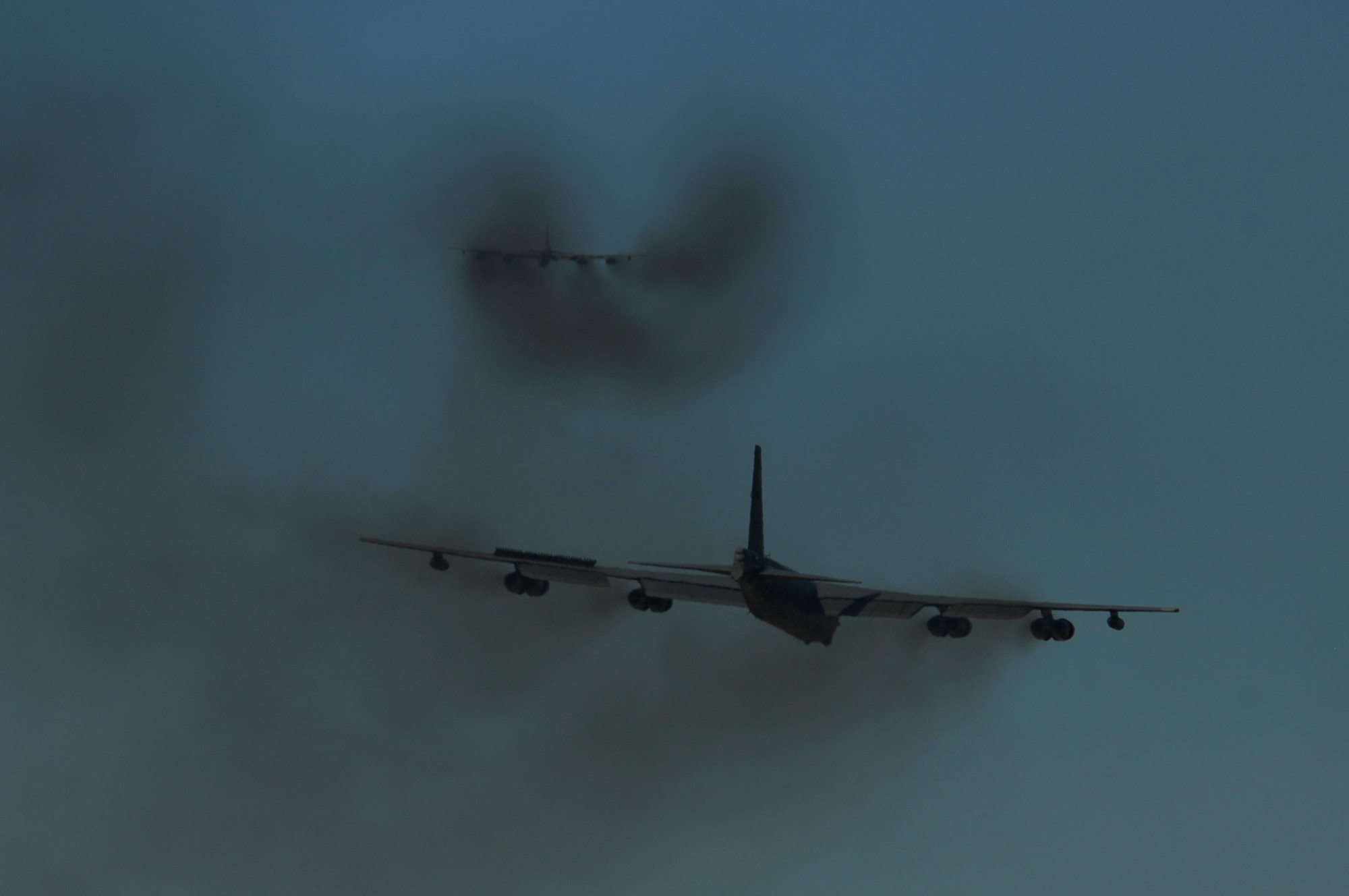 MINOT AIR FORCE BASE, N.D. -- A pair of B-52H Stratofortresses take off in
quick succession during during a rapid-launch scenario here Oct. 28 as part of Prairie Vigilance 09-2, a combined-training exercise between the 5th Bomb wing here and the 2nd Bomb Wing at Barksdale AFB.. The purpose of PV 09-2 was to exercise, evaluate and validate the 5th BW’s war-fighting capability in support of its Emergency War Order mission. The exercise, which lasted from Oct. 21 to 28, included aircraft generation/employment and aircrew testing/certification.  (U.S. Air Force photo by Senior Airman Joe R. Rivera Jr.)