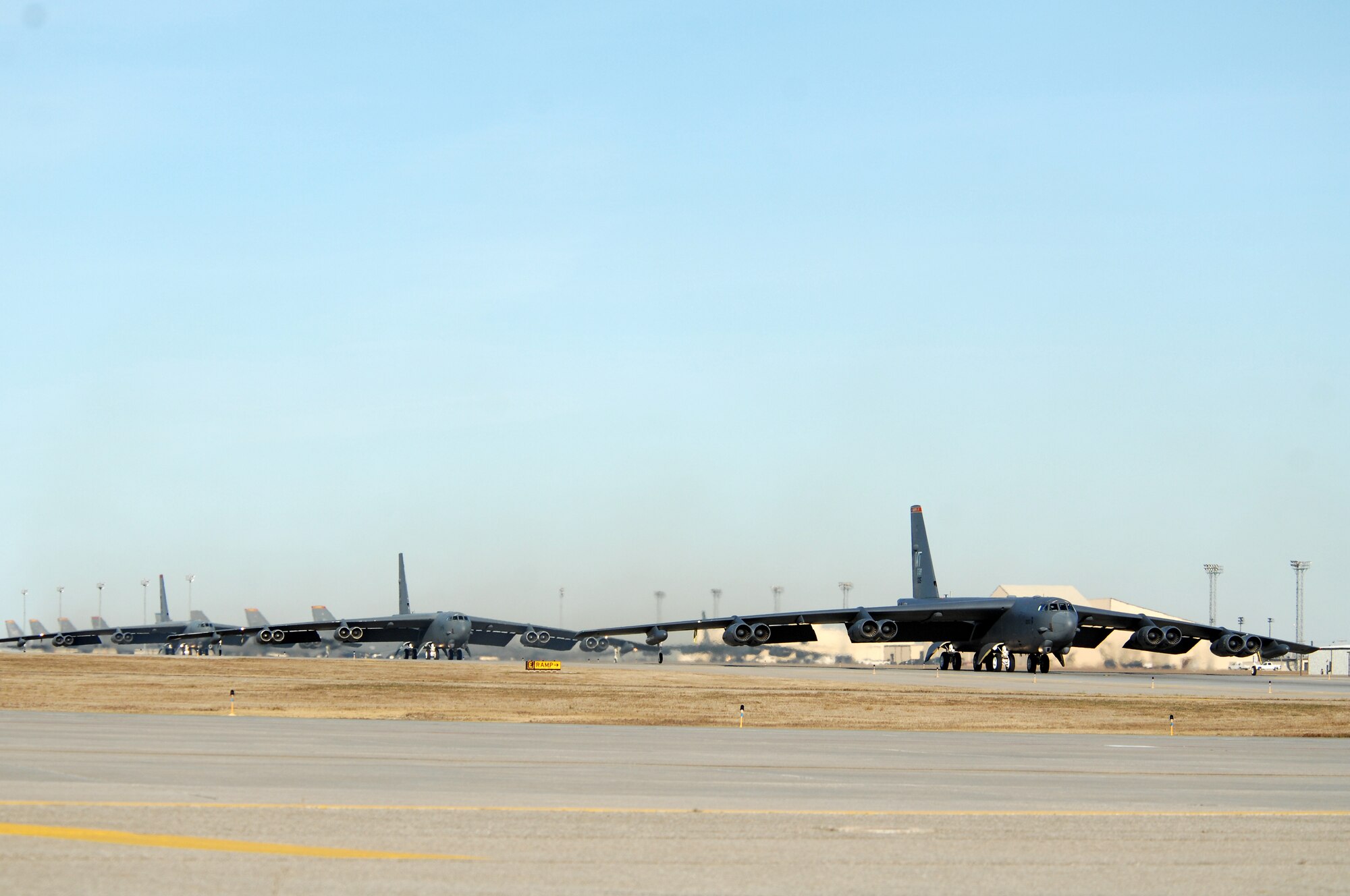 MINOT AIR FORCE BASE, N.D. -- A group of B-52H Stratofortresses from the 5th Bomb Wing here and the 2nd Bomb Wing at Barksdale AFB, La., taxi down the runway during a rapid-launch scenario here Oct. 28 as part of Prairie Vigilance 09-2, a combined-training exercise between the 5th Bomb wing here and the 2nd Bomb Wing at Barksdale AFB.. The purpose of PV 09-2 was to exercise, evaluate and validate the 5th BW’s war-fighting capability in support of its Emergency War Order mission. The exercise, which lasted from Oct. 21 to 28, included aircraft generation/employment and aircrew testing/certification.  (U.S. Air Force photo by Senior Airman Kelly Timney)