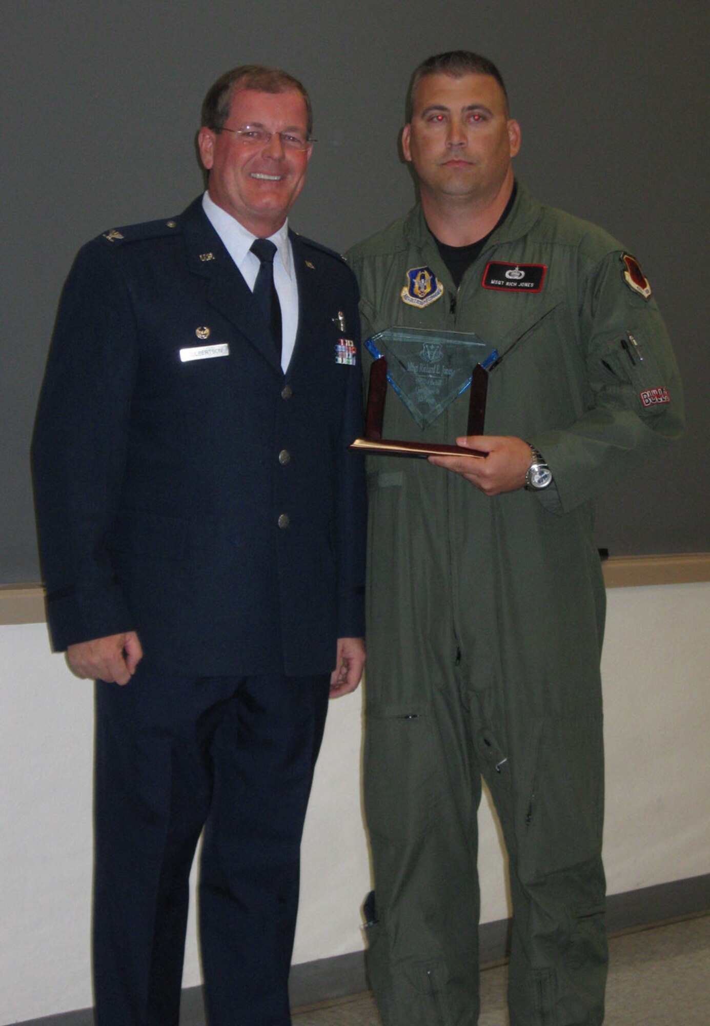 Master Sgt. Jones, 78th Reconnaissance Squadron, receives his award as Senior Noncommissioned Officer of the Half during Commander's Call on Oct. 25.