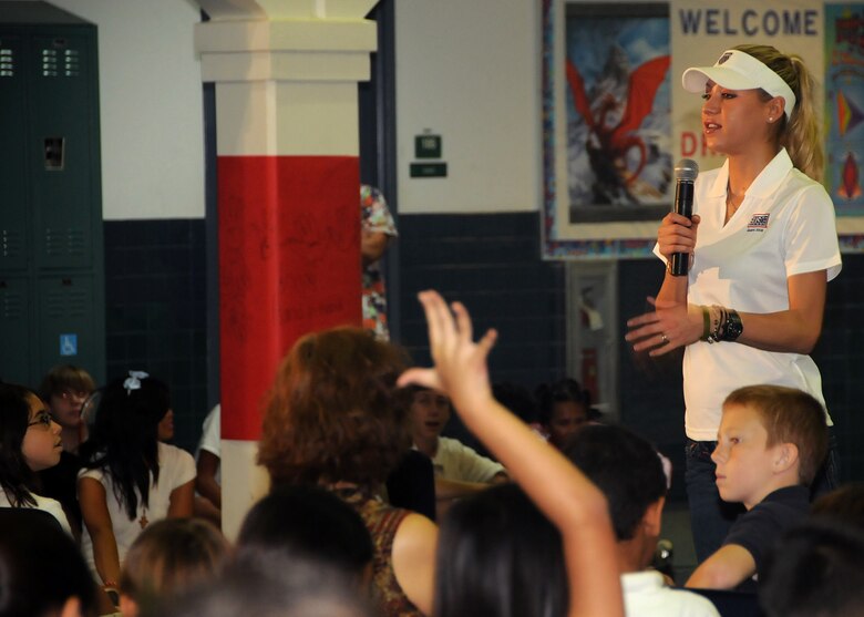 ANDERSEN AIR FORCE BASE, Guam - Anna Kournikova answers questions from Andersen Middle School students  here Oct. 29. Andersen Middle School was her second stop on the base tour. (U.S. Air Force photo by Airman 1st Class Courtney Witt)
