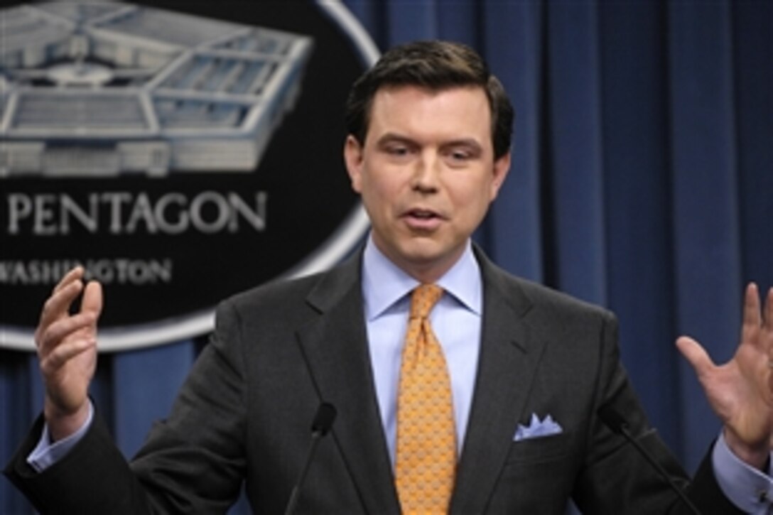 Pentagon Press Secretary Geoff Morrell answers questions from reporters during a press briefing held at the Pentagon, Oct. 29, 2008. 