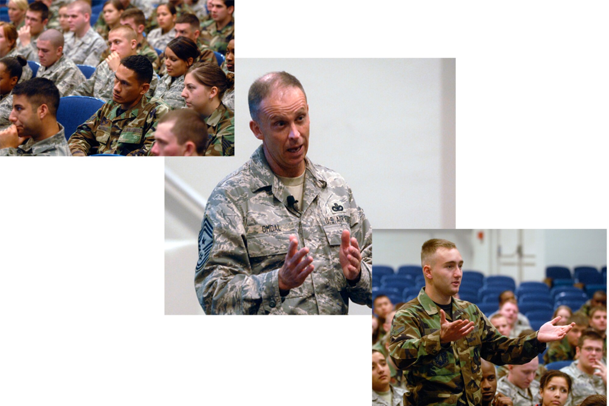 Chief Master Sgt. Tim Omdal, 21st Space Wing command chief, speaks with Airmen in the grades of E-4 and below at an Airmen's Call Oct. 28 in the Base Auditorium. Chief Omdal detailed his expectations of Airmen and discussed thier questions. The Airmen's Call was part of Air Force Space Command's Year of Leadership emphasis on discipline during the month of October. (Air Force photos/Larry Hulst)