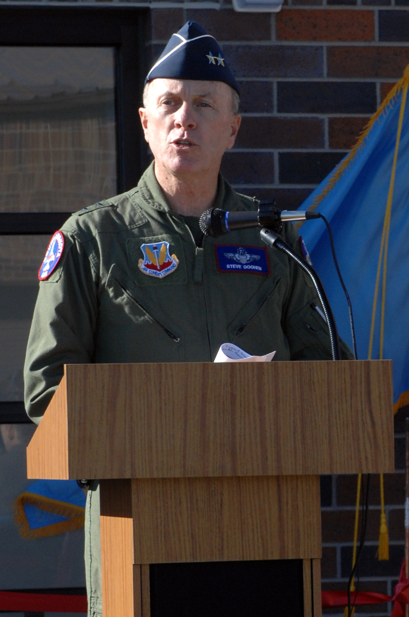 Maj. Gen. Steven Doohen, South Dakota National Guard adjutant general, delivers a speech at the ribbon cutting ceremony of the 82nd Civil Support Team’s (Weapons of Mass Destruction) new Ready Building here, Oct. 29. The 82 CST’s main mission is to strengthen local and regional terrorism response capabilities in events known or suspected to involve weapons of mass destruction. (U.S. Air Force photo/Airman 1st Class Joshua J. Seybert)