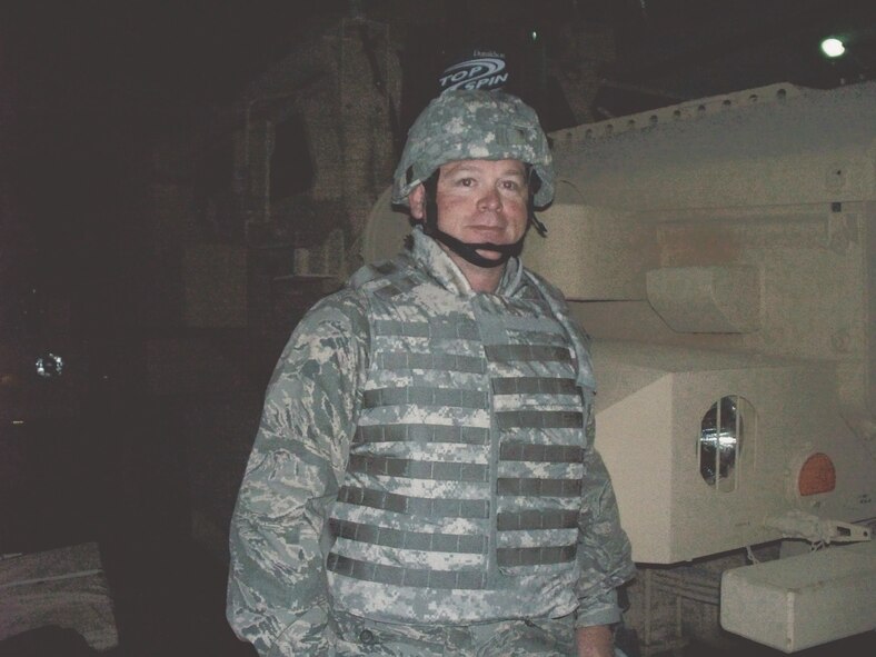 John Lester, seen here wearing Air Force body armor, was one of two civilians who deployed from the 652nd Combat Sustainment Group in support of an Air Force Central Command mission. (Courtesy photo) 