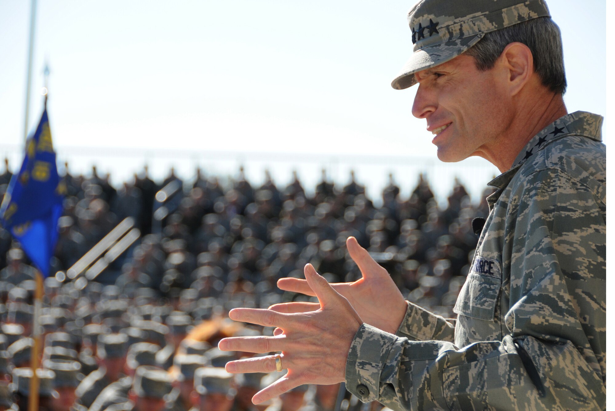 Air Force Chief of Staff Gen. Norton Schwartz fields questions from Keesler Airmen at n Airman’s Call Oct. 28. The general toured the base while in Biloxi to speak at the 20th annual Salute to the Military sponsored by the Mississippi Gulf Coast Chamber of Commerce.  (U.S. Air Force photo by Kemberly Groue)