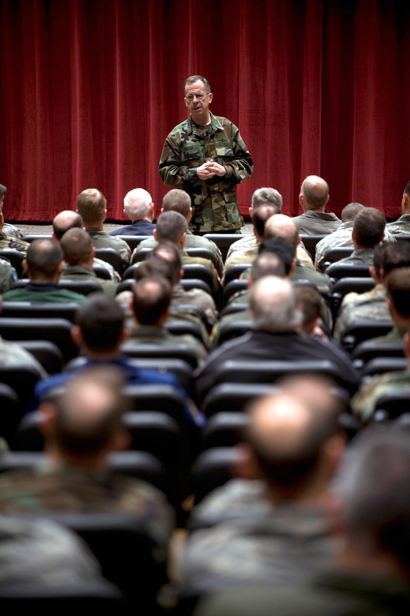 Navy Adm. Mike Mullen, chairman of the Joint Chiefs of Staff, addresses students assigned to the Air War College at Maxwell Air Force Base, Ala., on Oct. 28. (DoD photo by Navy Petty Officer 1st Class Chad J. McNeeley)